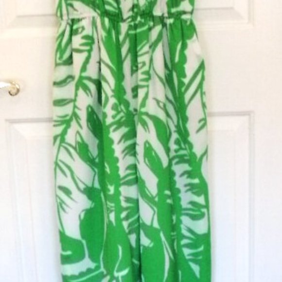Lilly Pulitzer XS Green and White Palm Print Back Zip Silk Slip Maxi Jumpsuit - Picture 5 of 6